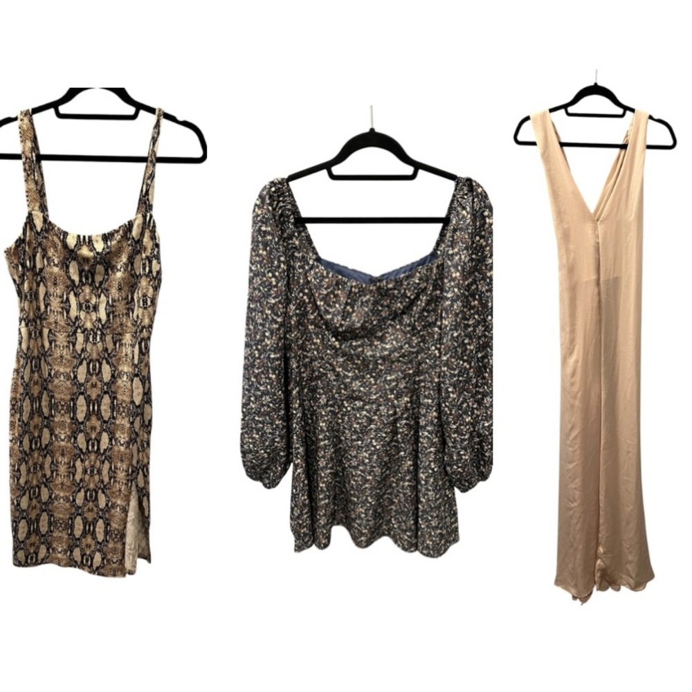 Lush Set Of 3 Womens Snake Print, Floral Dresses and Ivory Jumpsuit NWT Sz Large